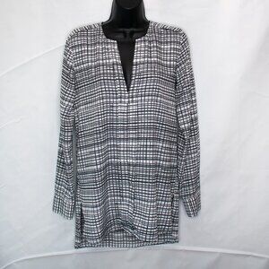 Ann Taylor Grid Print Long Sleeve Blouse Womens XS White Black Top Office KK14X